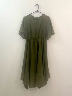 High-Low Olive Green Women's Dress with Flutter Sleeves